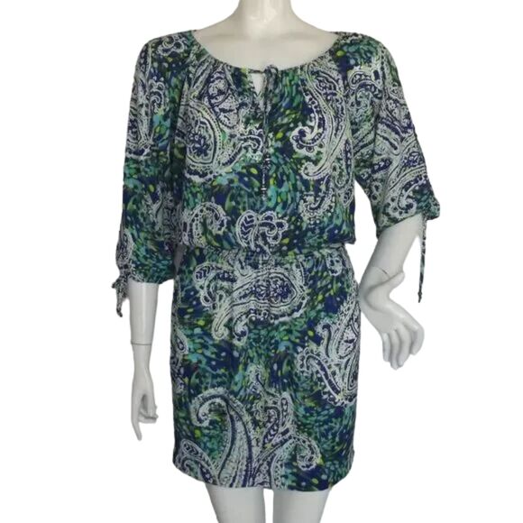 CACHE Dress, S, Blue/Green Paisley, Smocked waist, Slit Sleeve, Tie Neck/Beaded - Picture 1 of 12